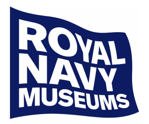 Royal Navy Museums logo, a navy blue flag shape with white text