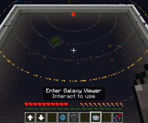 Minecraft Education screenshot of an in-game 'Galaxy Viewer' with orbiting planets and control tips
