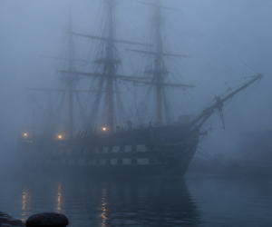Tall ship with rigged masts silhouetted in thick fog, lights glowing on deck