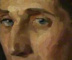 The untold stories logo next to an image of a portrait of Edwin Rowland Moon, zoomed in on his eyes