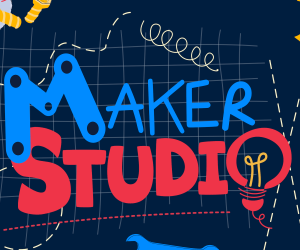 Maker Studio’ graphic in blue and red lettering, surrounded by illustrated tools, an anchor and a lightbulb
