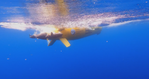 An underwater view of Boaty McBoatface, the robot submarine that helps the Royal Navy explore. 