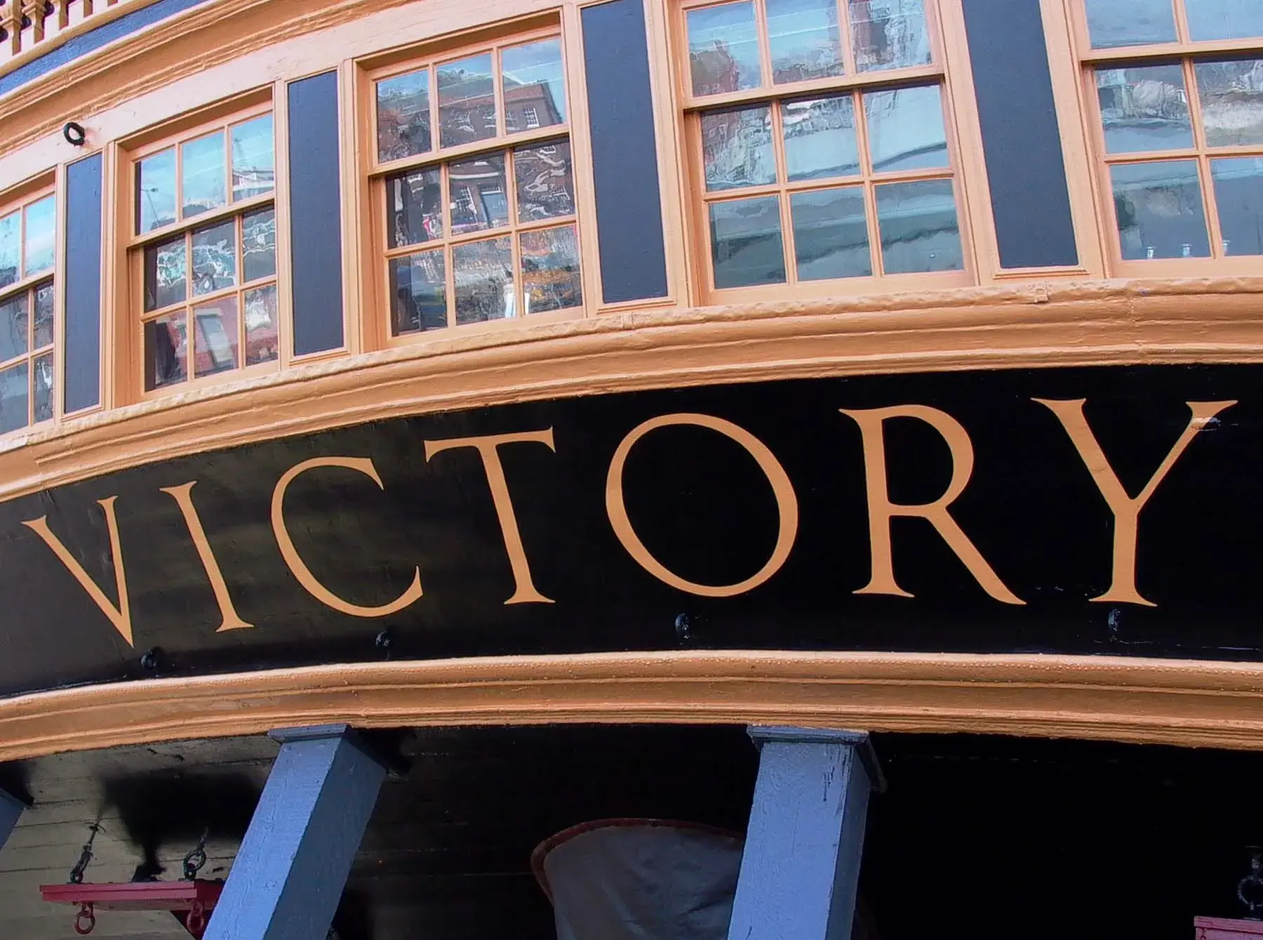 The word 'Victory' lettered across HMS Victory's stern. 