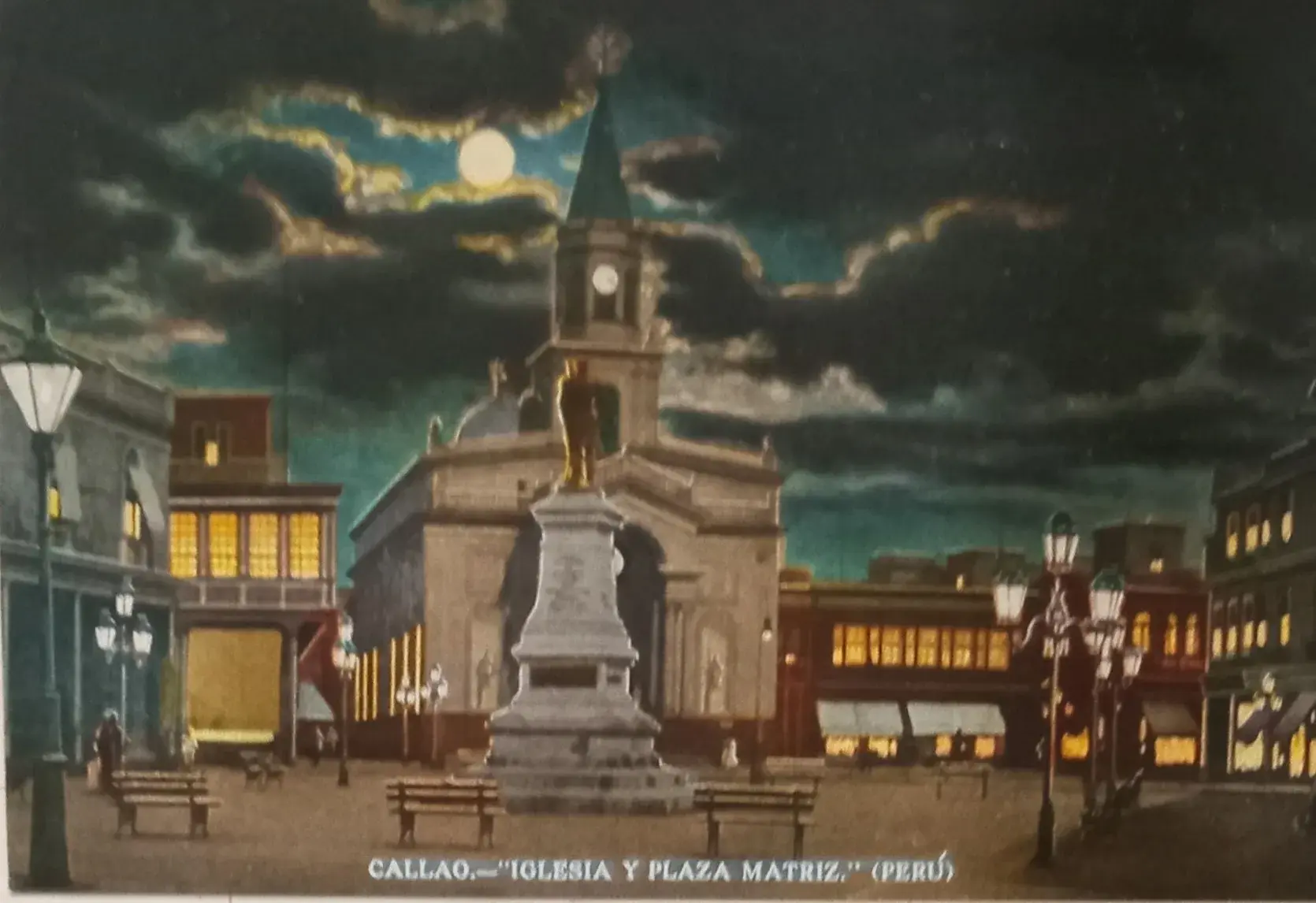 A plaza in Peru at night.